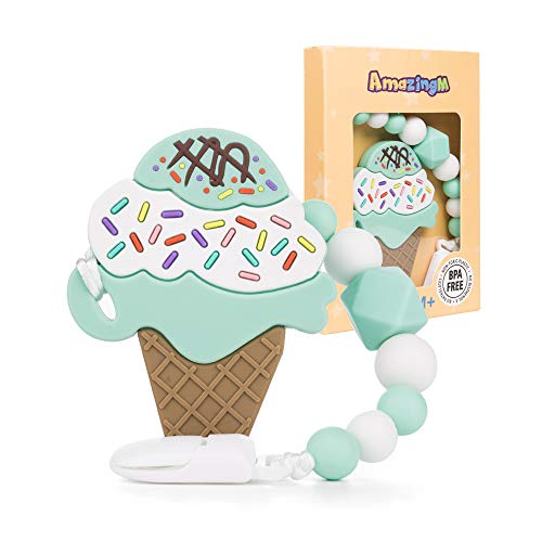 AmazingM Baby Teething Toys,Food Grade Silicone Ice Cream Teether Toy with Pacifier Clip Holder Set for Newborn Babies,BPA Free,Freezer Safe (Green)