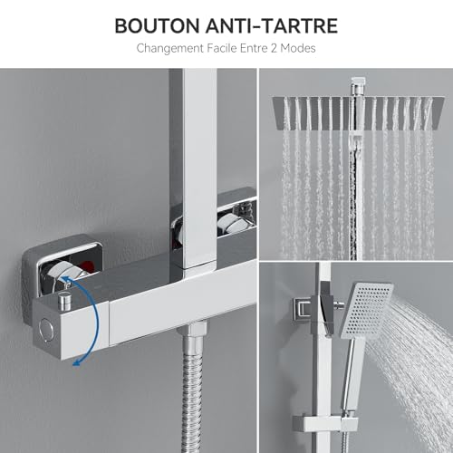 Auralum Thermostatic Chrome Shower Column with Brass Mixer Tap 30 x 30 cm, Square Hand Pump, Height Adjustable – Complete Bathroom Kit