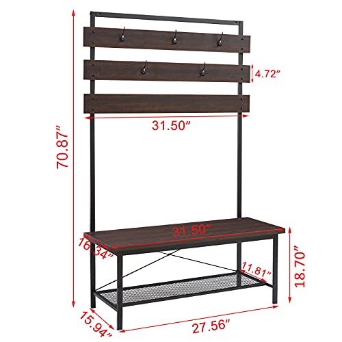 FELLYTN Small Hall Tree with Shoes Storage, Wood and Metal Coat Rack