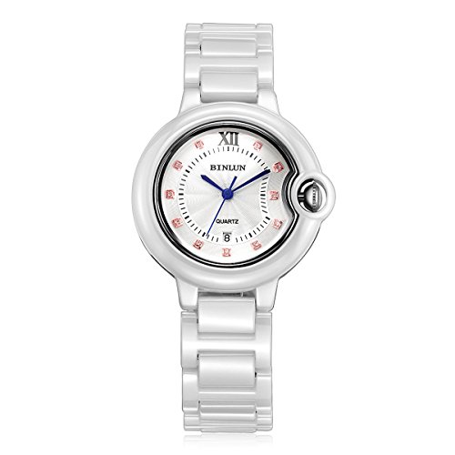 BINLUN White Ceramic Quartz Watches for Men Gents Waterproof Watch with Calendar Date Diamond Indexes