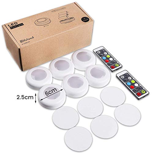 LED Closet Lights Elfeland RGB Puck Lights 16 Colors 3 Modes Fairy Lights Wireless Under Cabinet Lighting Battery Powered Night Lights with Remote Control Dimmer & Timing Function (6 Pack)