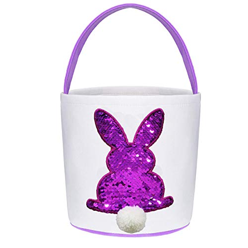 Poptrend Easter Basket Bags,Easter Eggs/Gift Baskets for Kids,Bunny Tote Bag Bucket for Easter Eggs,Toys, Candy,Gifts (Purple Paillette)