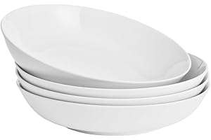 WishDeco White Pasta Bowls Set of 4, Porcelain Salad Bowls 37 oz / 1100 ml, Wide and Shallow Serving Bowl 9 Inch / 23 cm, Lar