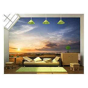 Beautful Summer Sunset Landscape Over Wetlands and Harbour - Removable Wall Mural | Self-Adhesive Large Wallpaper - 66x96 inches