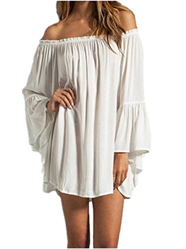 ZANZEA Women's Sexy Off Shoulder Chiffon Boho Ruffle Sleeve Blouse Mini Dress White 2XL