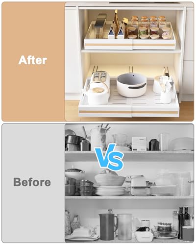 UMDONX 2 Pack Expandable Pull out Cabinet Storage Organizer Kitchen Cupboard Drawers, No Drill Adhesive Pantry Shelf Peel and Stick Sliding Rack(Durable Metal White Load 65LBS)