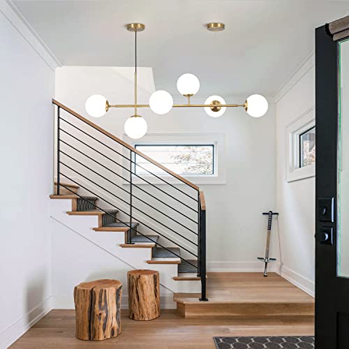 KCO Lighting 6 Light Milky Glass Chandelier, Modern Linear Globe Chandelier, White and Gold Pendant Lamp Mid-Century Rectangular Chandelier for Kitchen Island