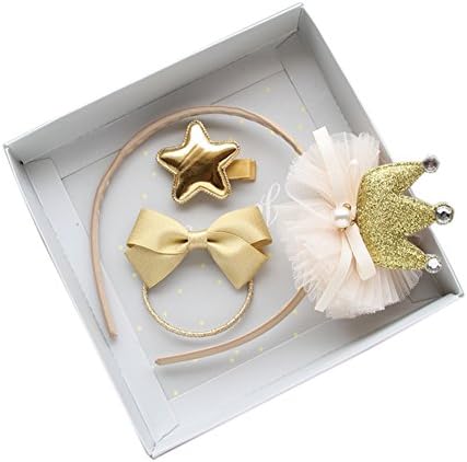 Pengduo Set of 3 Baby Girl Headband/Hairband and Matching Hair Clip Hair Rope Set Fairy design Yellow crown