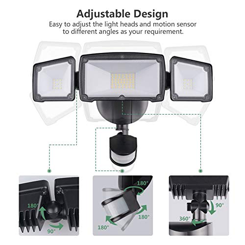 Glorious-LITE 3500LM Motion Sensor Light Outdoor, 39W LED Motion Security Light, 6000K, IP65 Waterproof, Adjustable 3 Head Motion Flood Lights for Entryways, Stairs, Yard, Front Door and Garage - Thumbnail 5