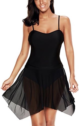 JOXJOZ Women's Plus Size One Piece Skirtini Pin Up Swimsuit Mesh Irregular Hemline Black Bathing Suit