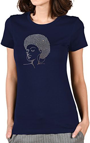 Melanin Afro American Girl Rhinestone Transfers Cotton Crew Neck T Shirt For Women (Large, Navy#Afro Diva)