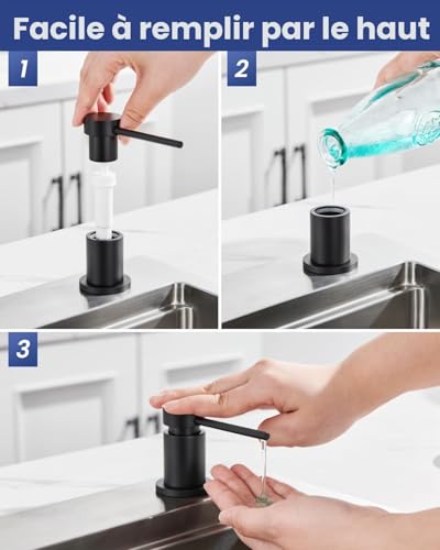 Sofetiy Built-in Black Soap Dispenser for Kitchen, Durable Dishwashing Liquid Dispenser with 304 Stainless Steel Nuts (No Plastic), 300 ml Bottle and 1.25 m Extension Hose
