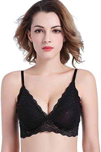 InsBuy Women's Unlined Wirefree V Neck Soft Lace Bralette Size Medium Black