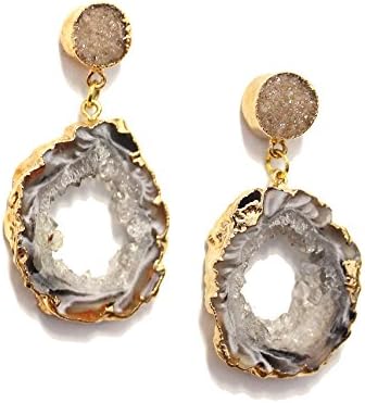 SONIA HOU Lit Dangle Drop Earrings Geode Agate Slice On Druzy Ear Studs Electroplated in 24K Gold- Birthday Wedding Anniversary Engagement Bridal Party Gifts (Grey)