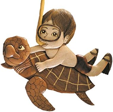 Hawaiian Style Wood Wall Hanging Snorkel Boy Riding Turtle