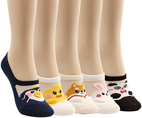 WOWFOOT Women Animal Design No-Show Casual Liner Socks Character Print Non Slip Flat Boat Line 4 Pair