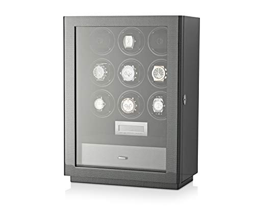 Watch Winder Box for Self-Winding up to 9 Automatic Watches with LED Case Backlight, LCD Touchscreen Display and Storage Compartment for All Watch Brands and All Watch Sizes (Carbon)