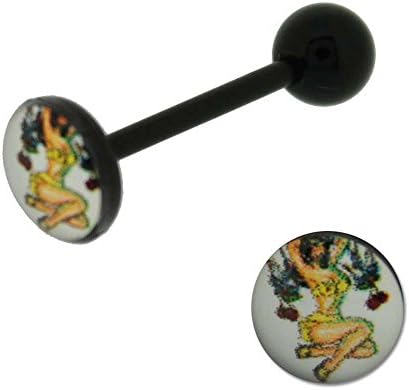 Black Acrylic Barbell Tongue Ring with Pin Up Logo