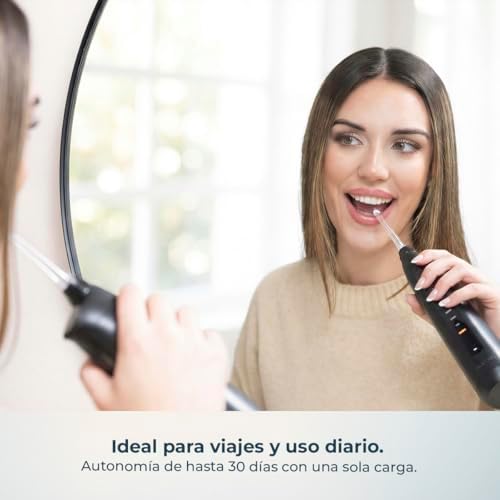 Irrigador Oral Portátil ToothCare 6000 Jet Liberty. Irrigador Dentário, autonomia de 30 dias, depósito de 180ml, pressão ajustável 30-80 PSI, cabeças magnéticas, frequência cardíaca 1500 vezes/min, IPX7