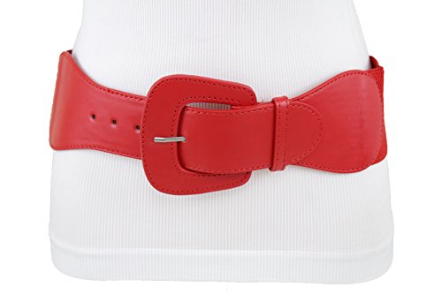 TFJ Women Western Elastic Wide Red Belt Faux Leather Big Square Buckle M L XL