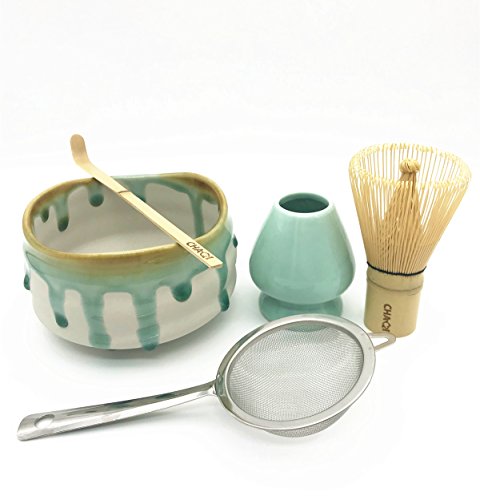 CHAQI Matcha Accessories Kit Include 5 items-100 Prongs Bamboo Whisk Chasen,Bamboo Scoop,Stainless Steel Tea Filter and Ceramic Matcha Bowl & Whisk Holder (White)