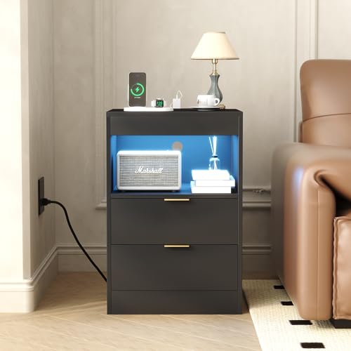 Yusong LED Nightstand Bedside Table with Charging Station 2 Drawers, Black Modern Sofa Couch End Side Table with LED Lights and Pull-Out Shelf for Bedroom Living Room, Wooden