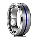 King Will 8mm Thin Blue Groove Matte Brushed Tungsten Carbide Ring Wedding Band High Polish Comfort Fit