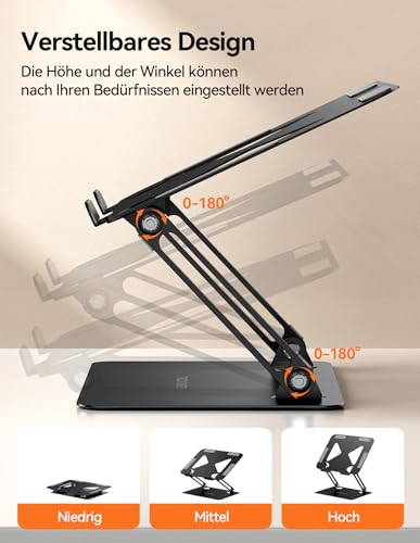 TECKNET Laptop Stand, Foldable Laptop Stand, Ergonomic Laptop Stand, Metal Laptop Holder, Notebook Stand Compatible with 10-17.3 Inch Laptop, Black
