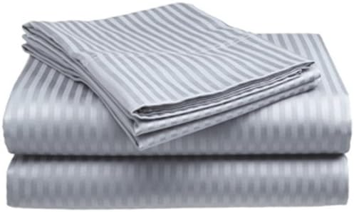 Crystal Trading 4-Piece Bed Sheet Set - Dobby Stripe - 100% Cotton Sateen - 300 Thread Count (Full, Silver)