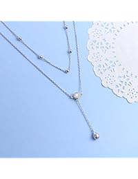 FLYOW Layered Necklace S925 Sterling Silver Teardrop Double Choker Y Lariat Necklace Gifts for Women