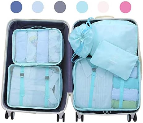 Luggage Organizer, Suitcase Packing Cubes, Compression Cells, Accessories Bags Made With Wearable Waterproof Material. Perfect for Travel, Long Trips, Camping, 6 Pieces (Light Blue)