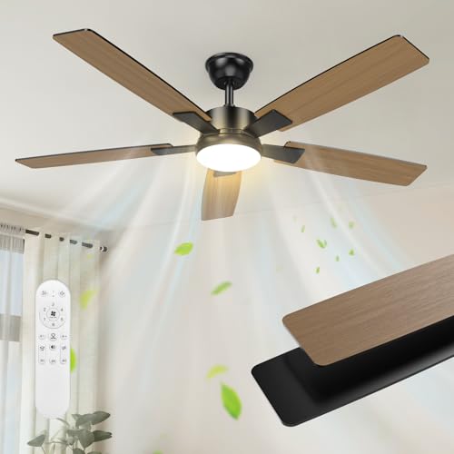 Airwit Ventilador de Techo 52 Pulgadas, Abanicos de Techo de 5 Aspas con Luz y Control Remoto, Motor Silencioso Reversible, Negro
