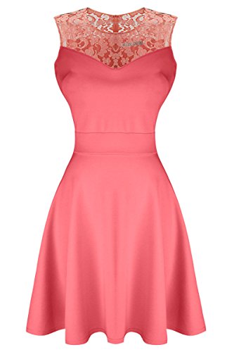Heloise Women s A-Line Sleeveless Pleated Little Salmon Cocktail Party Dress With Floral Lace (L, Salmon)