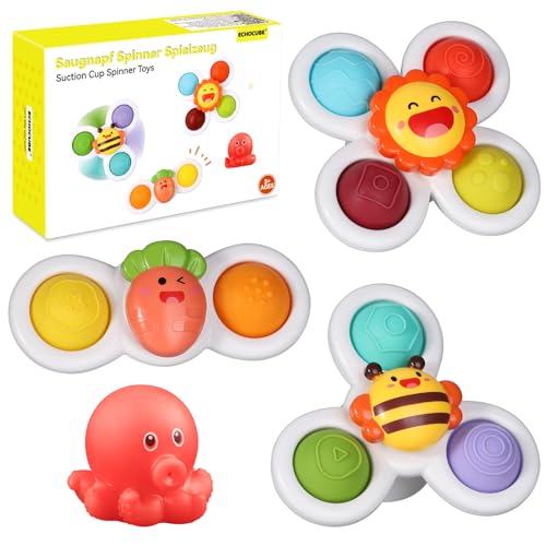 ECHOCUBE Suction Cup Spinner Toys, 3 Pieces Educational Rotating Sensory Toys, Suction Cup High Chair Toy, Suction Cup Bath Toys for Boys and Girls
