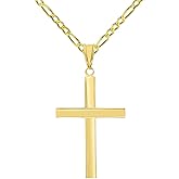 Jewelry America 14k Yellow Gold Polished Simple Religious Cross Pendant With Cable, Curb or Figaro Chain Necklace