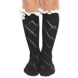FAYBOX Lace Ruffles Buttons Hollow Kids' Girl Boot Socks Knit Leg Warmers BLK