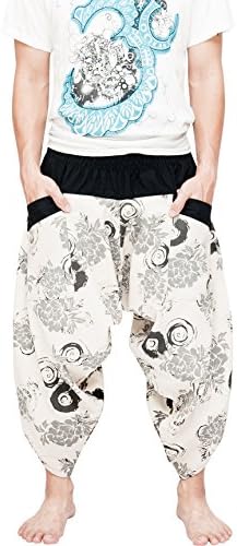 BohoHill Ninja Warrior Samurai Harem Pants Unisex Trousers Off-White (Flower Ink)