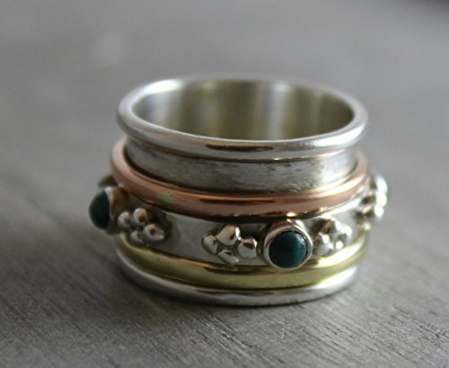 Sterling Silver (925) mixed metal Turquoise Brass Copper Bohemian Spinning Fidget Ring size 10 - Thumbnail 6