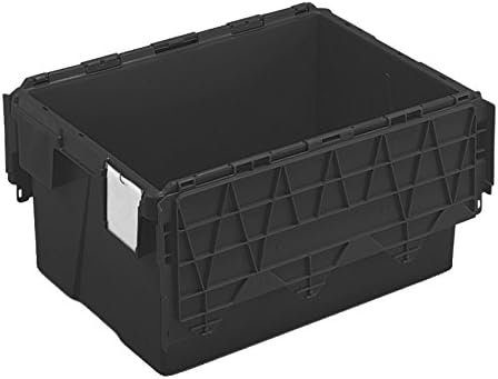 5 x Kaiman Attached Lid Container (ALC) - 600x400x365mm Black 65 Litres - Plastic storage box Euro Crate Removal Tote box Distribution - Heavy Duty (Pack of 5)