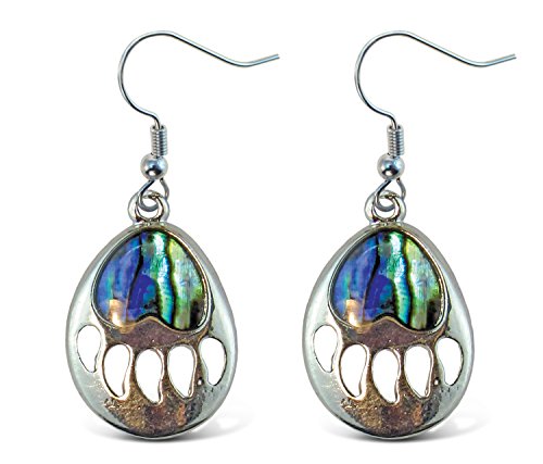 Puzzled Earrings - Dangle Post - Fish Hook - Bear Paw New Zealand Paua Shell Fashionable Earring Jewelry - Wild Animals / Animals Collection - 1.35 INCH - Unique Gift and Souvenir - Item #6822