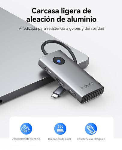 ORICO Docking Station, 6 in 1 USB C Hub with HDMI 4K+ PD100W + 4 USB 3.0 Ports, Multiport USB 3.0 Adapter Compatible with MacBook/DELL/HP/Surface