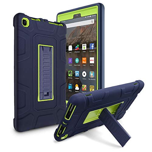 AICase HD 8 (2017 7th Gen) Case, 3 in 1 Three Layer Hybrid Rugged Heavy duty Shockproof Full Body Cover for All-New HD 8'' ((Dark Blue/Lemon yellow)