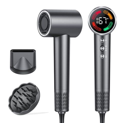 Professional Ionic Hair Dryer, 160,000 RPM High-Speed Brushless Motor, 5X Faster Drying, 500 Million Negative Ions for Anti-Frizz Hair, 9 Heat & Speed Settings, LED Display with Temperature Memory, Dual NTC Temperature Control, 56dB Low Noise, Magnetic Diffuser & Concentrator