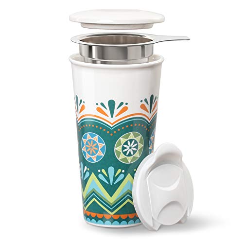 LIFVER 18 Ounces Ceramic Travel Mug, Drink Cup for Coffee, Tea, Milk with Infuser and 2 Lid, Green