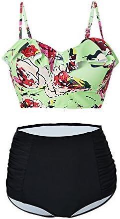 FORTULY Women's Vintage High Waist Ruffled Floral Two Piece Bikini Swimsuit Beachwear (XX-Large, Green Top With Black Bottom)