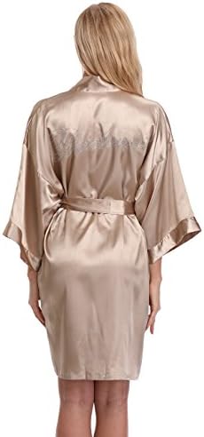 KimonoArt Satin Rhinestone Short Kimono Robe For Bridesmaid Champagne XL
