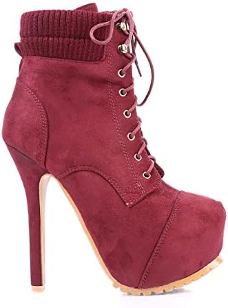 weyoh New Sexy Party Combat Military Zipper Lace up Stilettos Mid Calf 6" Heels Women Boots Shoes New Without Box (7, Wine - Suede)
