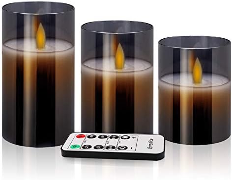 Smoke Glass Flameless Candles Flickering,Battery Operated Real Wax Unscented Candles with Timer and 10-Key Remote for Christmas (Set of 3)