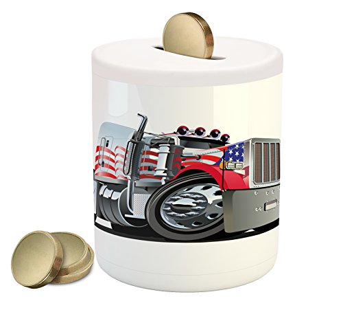 Truck Piggy Bank by Ambesonne, American Flag Themed Semi 18 Wheeler Patriotic Transportation Industrial Vehicle, Printed Ceramic Coin Bank Money Box for Cash Saving, Red White Blue - Thumbnail 2