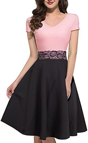 WEIJIE Women's Vintage Lace Waist Short Sleeve V Neck Cocktail Formal Swing Dress (12, Pink + Black)
